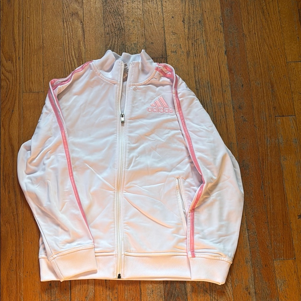 Adidas Kids Jacket in White with Pink Stripes